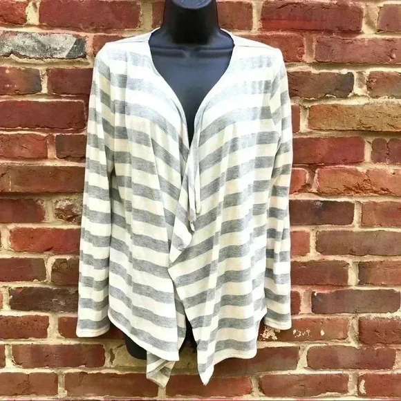 LIZ CLAIBORNE Gray White Striped Rayon Cardigan - Picture 1 of 8